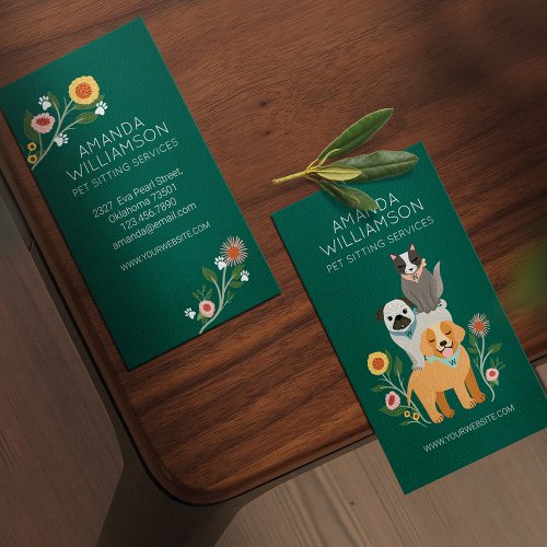 Adorable Floral Dog  Cat Pet Care Services Green Business Card