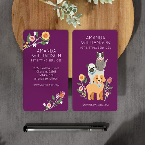 Adorable Floral Dog  Cat Pet Care Services Purple Business Card
