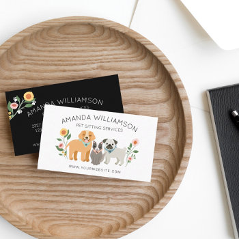 Adorable Floral Dog & Cat Pet Care Services White Business Card by moodthology at Zazzle