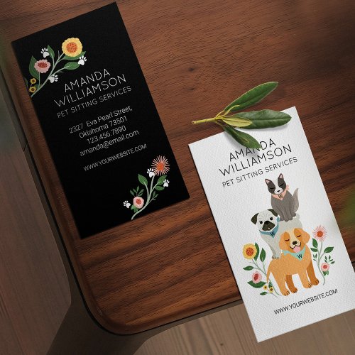 Adorable Floral Dog  Cat Pet Care Services White Business Card