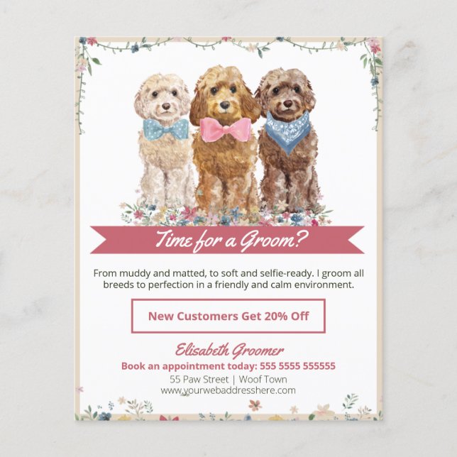 Adorable Floral Dog Groomer Flyer With Cockapoos (Front)