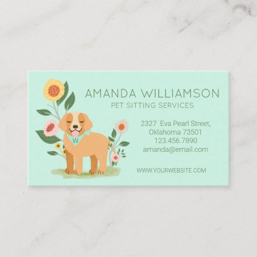 Adorable Floral Dog Pet Care Services Green Business Card