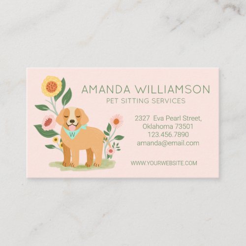 Adorable Floral Dog Pet Care Services Pink Business Card