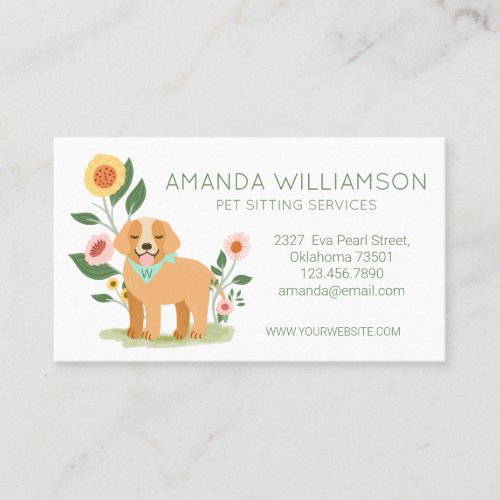 Adorable Floral Dog Pet Care Services White Business Card
