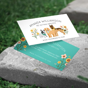 Adorable Floral Dogs Breed Pet Care Services White Business Card