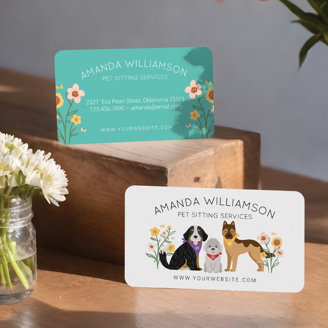 Adorable Floral Dogs Pet Care Services White Business Card (Adorable Floral Dogs Pet Care Services White Business Card)