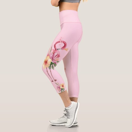 Adorable Floral Flamingo  Capri Leggings