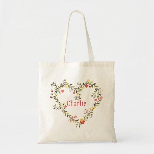 Adorable Floral Heart Wreath with Name Tote Bag - Adorable Floral Heart Wreath with Name. The eco-friendly tote bags make an ideal gift for your bridal attendants. Fill with her favorite things and then your recipient can use her personalized bag for shopping, for books or for the gym.