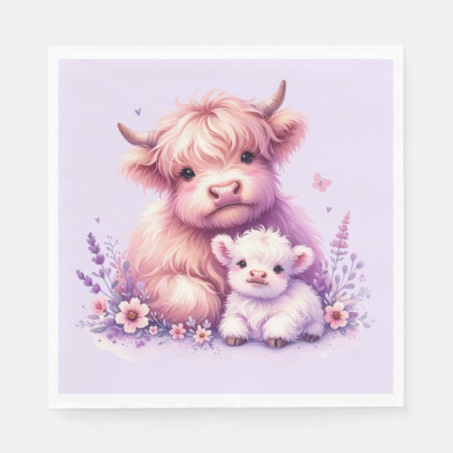 Adorable Floral Highland Cow Baby Shower Napkins (Front)