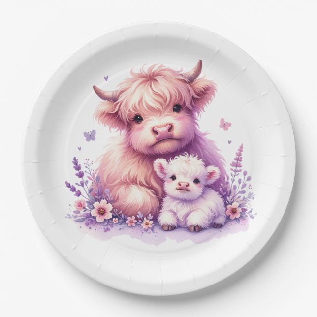 Adorable Floral Highland Cow Baby Shower Paper Plates (Front)