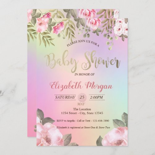 Adorable Floral Holographic Baby Shower Invitation