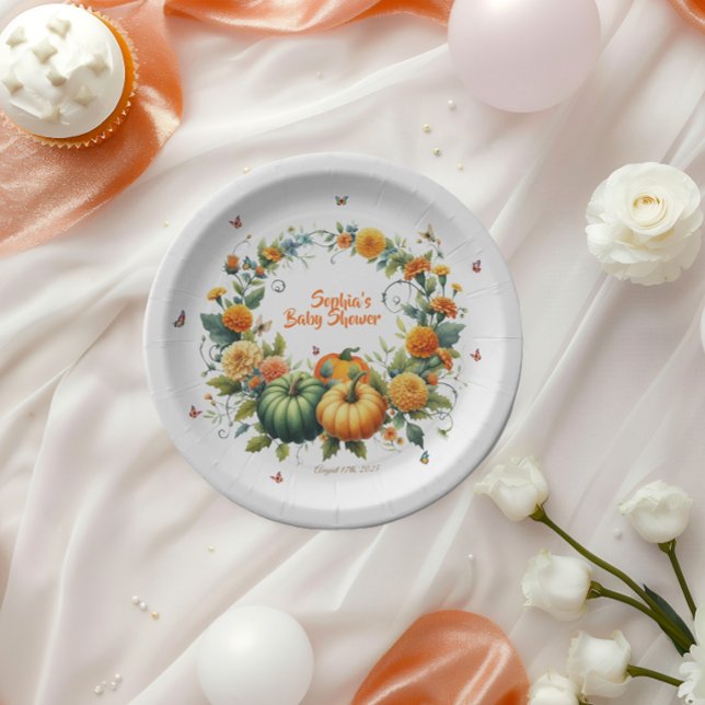 Adorable Floral Orange Green Pumpkins Baby Shower Paper Plates (Creator Uploaded)