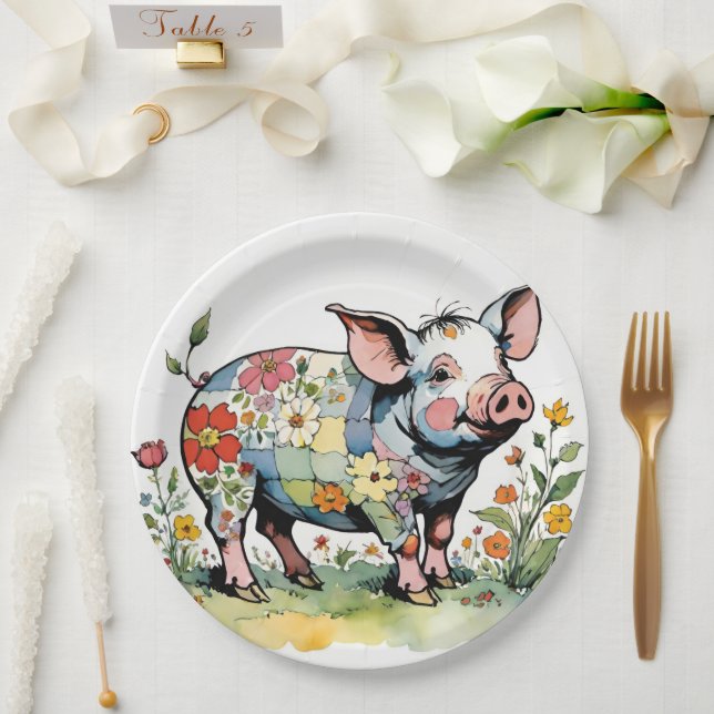 Adorable Floral Patchwork Baby Farm Pig Paper Plates (Wedding)