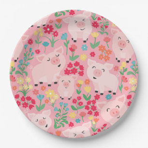 Adorable Floral Pig Farm Animal Floral Girls Party Paper Plates