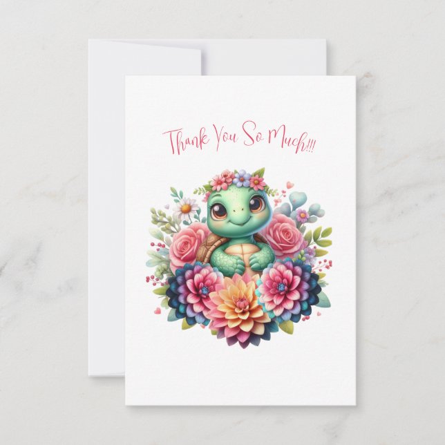 Adorable Floral Sea Turtle Thank You Note Card (Front)