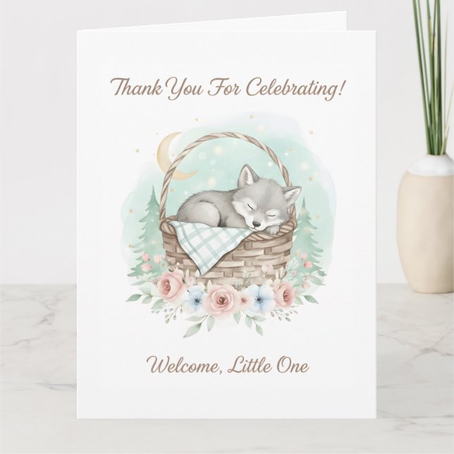 Adorable,fluffy baby wolf Baby Shower Thank You Card (Front)