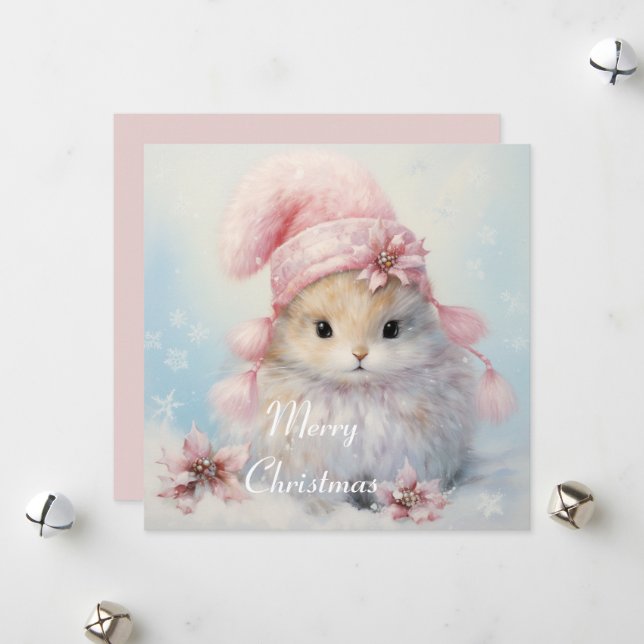 Adorable Fluffy Bunny Christmas Card (Front/Back In Situ)