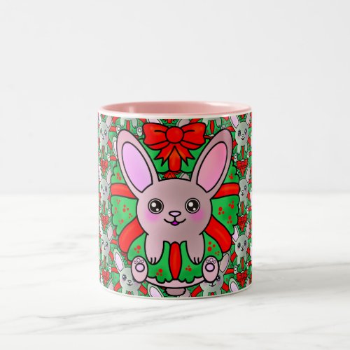 Adorable Fluffy Bunny in Christmas Wreath Two_Tone Coffee Mug