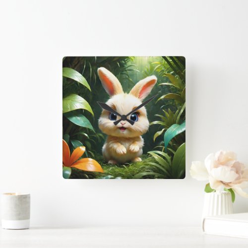 Adorable Fluffy Bunny Rabbit in a Forest Nursery  Square Wall Clock