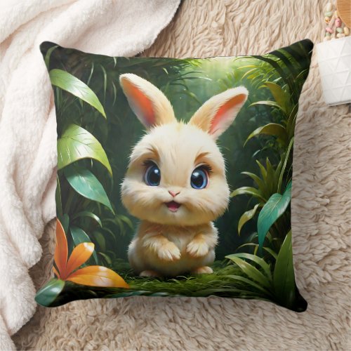 Adorable Fluffy Bunny Rabbit in a Forest Nursery  Throw Pillow
