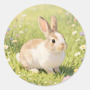 Adorable Fluffy Bunny Wildflower Meadow Classic Round Sticker