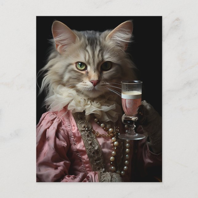 Adorable Fluffy Cat and Pink Champagne Postcard (Front)