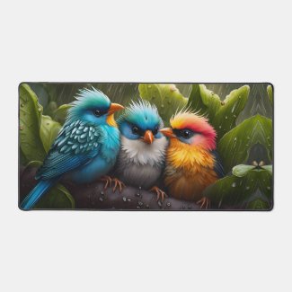 Adorable Fluffy Colorful Birds in the rain 