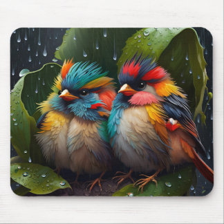 Adorable Fluffy Colorful Birds in the rain Mouse Pad