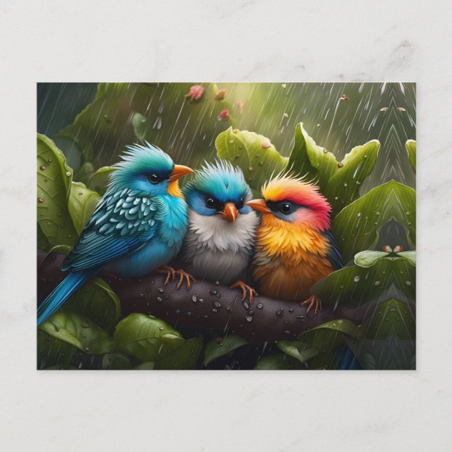 Adorable Fluffy Colorful Birds in the rain  Postcard (Front)