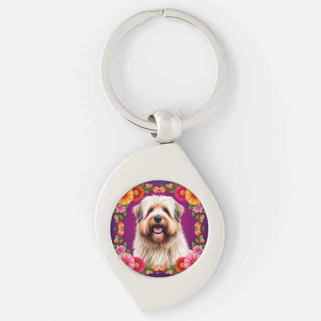 Adorable Fluffy Dog with Flowers Keychain (Front)
