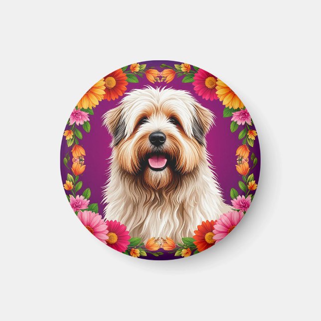 Adorable Fluffy Dog with Flowers Magnet (Front)