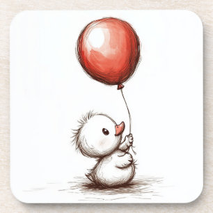 Adorable Fluffy Duckling with Red Balloon Beverage Coaster