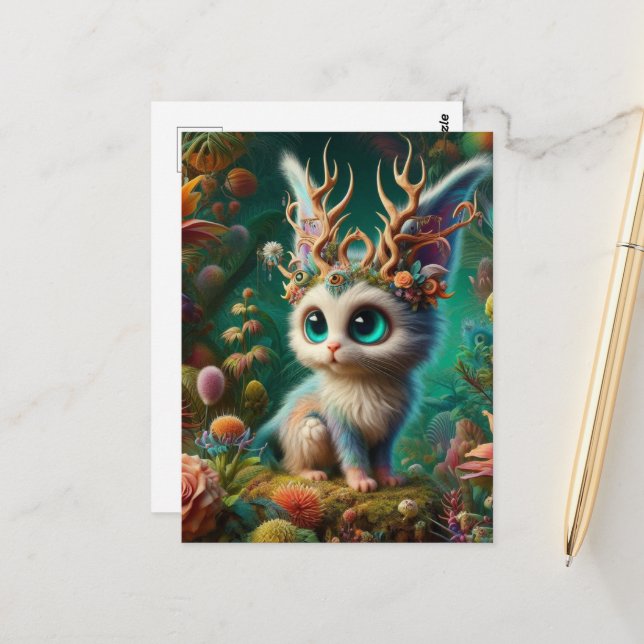 Adorable Fluffy Jackalope Kitten Critter Postcard (Front/Back In Situ)