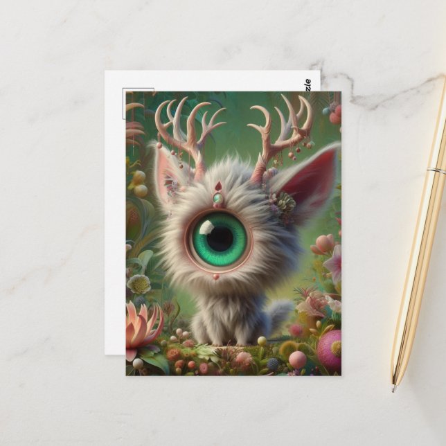 Adorable Fluffy Jackalope Kitten with Single Eye Postcard (Front/Back In Situ)