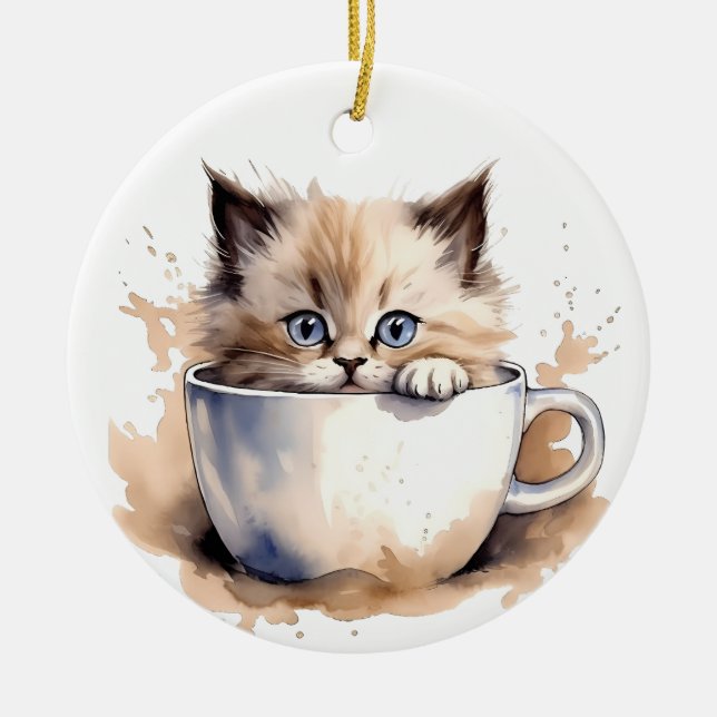 ADORABLE FLUFFY KITTEN IN A TEACUP CERAMIC ORNAMENT (Front)