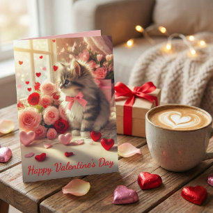 Adorable Fluffy Kitten with Roses Valentine's Day Card