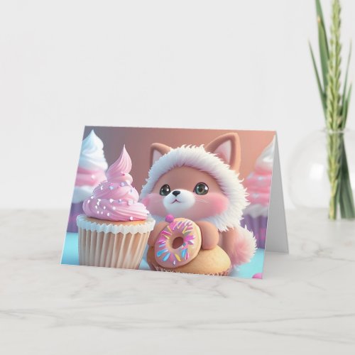 Adorable Fluffy Kitty Donuts Cupcakes Blank Card