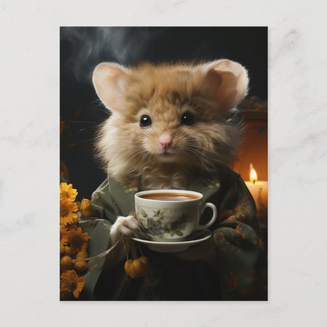 Adorable Fluffy Mouse With Tea Postcard (Front)