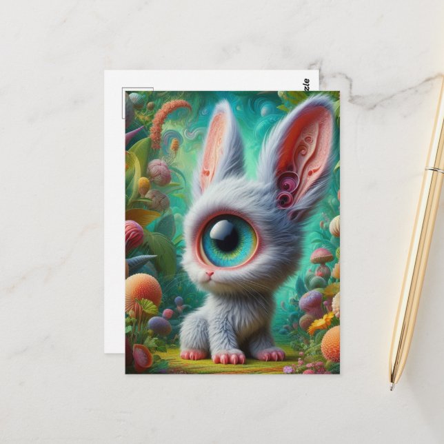 Adorable Fluffy One Eyed Bunny Postcard (Front/Back In Situ)