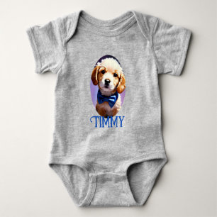 Adorable Fluffy Puppy w Cute Blue Bow Tie Baby Bodysuit