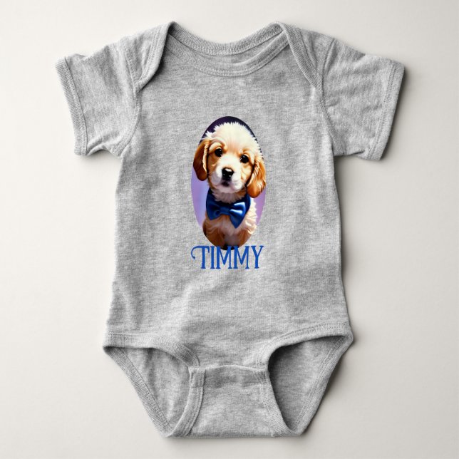 Adorable Fluffy Puppy w Cute Blue Bow Tie  Baby Bodysuit (Front)