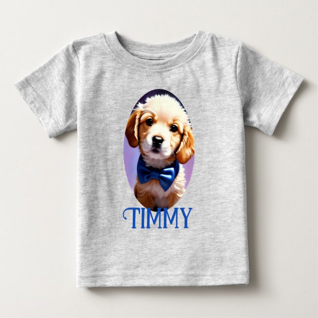 Adorable Fluffy Puppy w Cute Blue Bow Tie  Baby T-Shirt (Front)
