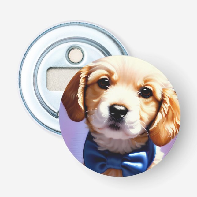 Adorable Fluffy Puppy w Cute Blue Bow Tie  Bottle Opener (Front)