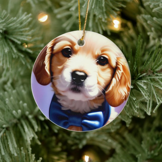 Adorable Fluffy Puppy w Cute Blue Bow Tie  Ceramic Ornament (Tree)