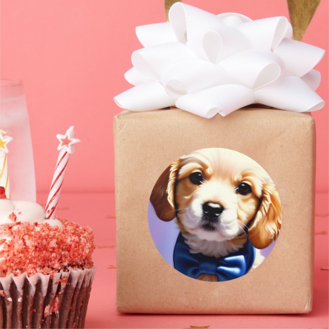 Adorable Fluffy Puppy w Cute Blue Bow Tie  Classic Round Sticker (Party)