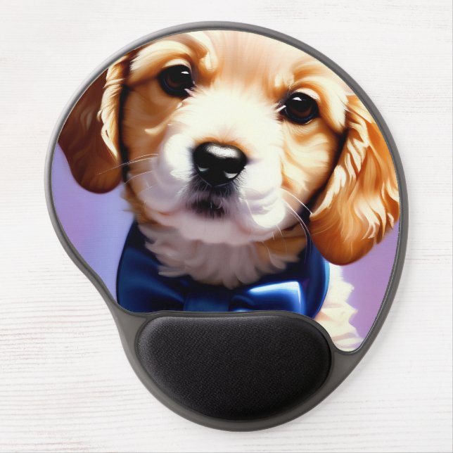 Adorable Fluffy Puppy w Cute Blue Bow Tie  Gel Mouse Pad (Front)
