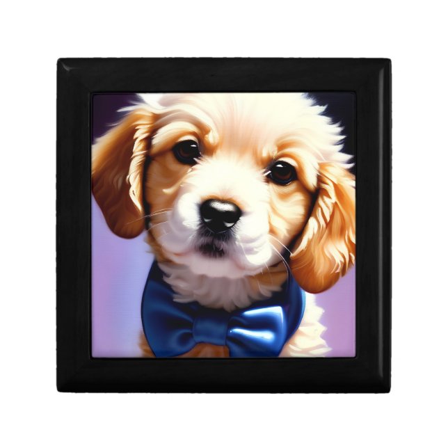 Adorable Fluffy Puppy w Cute Blue Bow Tie  Gift Box (Front)