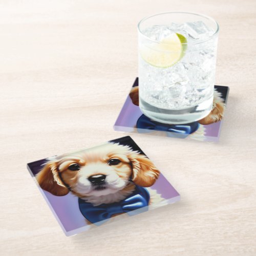 Adorable Fluffy Puppy w Cute Blue Bow Tie  Glass Coaster