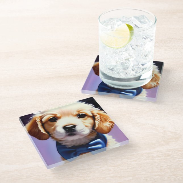 Adorable Fluffy Puppy w Cute Blue Bow Tie  Glass Coaster (Angled)