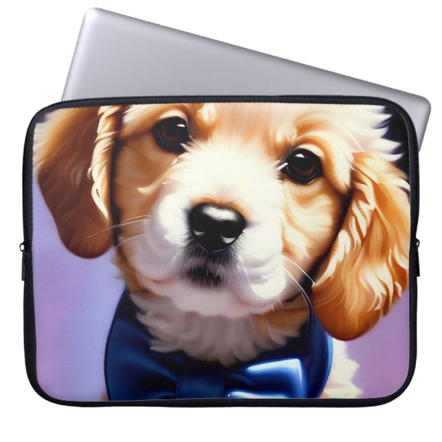 Adorable Fluffy Puppy w Cute Blue Bow Tie  Laptop Sleeve (Front)